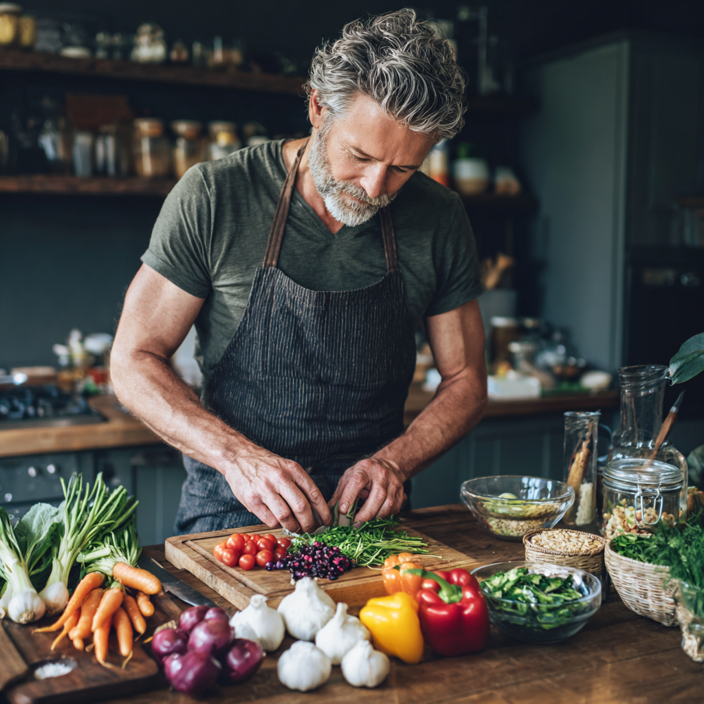 Skupina priateľov rôzneho veku zo Slovenska pri spoločnom jedle, zdravé farebné jedlo na stole, prirodzené svetlo