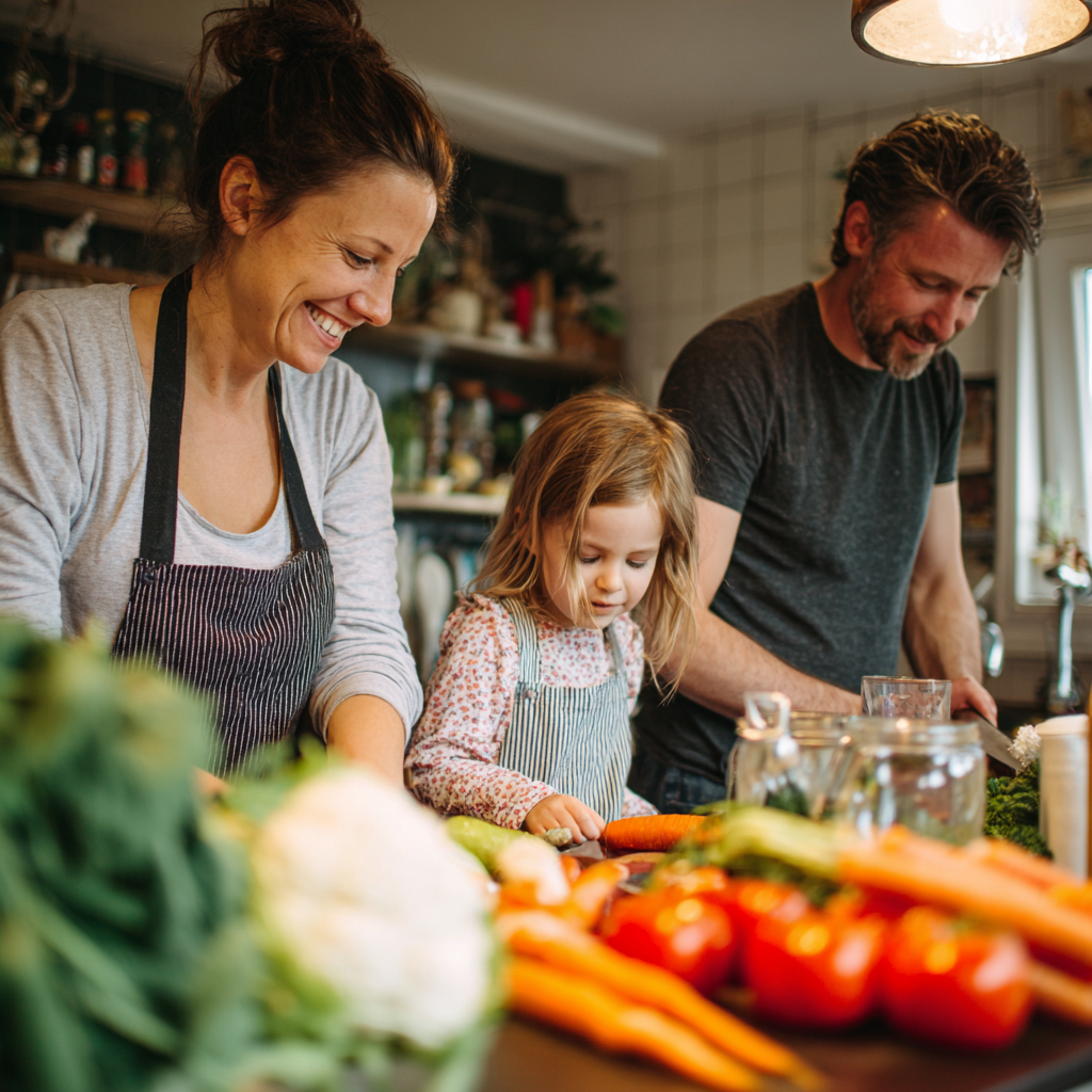 Starší slovenský muž a žena pri spoločnom jedle v kuchyni, usmiati a relaxovaní, zdravé jedlo na stole